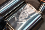 Valvetronic Designs shield logo embossed on T304 stainless muffler body of Blackbear Ram 1500 valved exhaust - AutoTalent