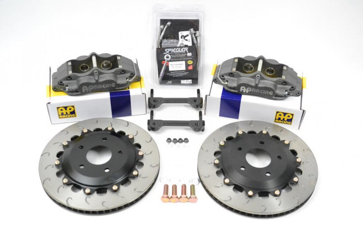 A front view of Essex Designed AP Racing Competition Brake Kit (Rear CP5040/340)- S550 Ford Mustang with a white background