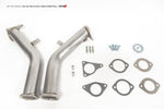 AMS race lower downpipes for Infiniti Q50/Q60 VR30 with outlet adapter, gaskets and hardware laid out