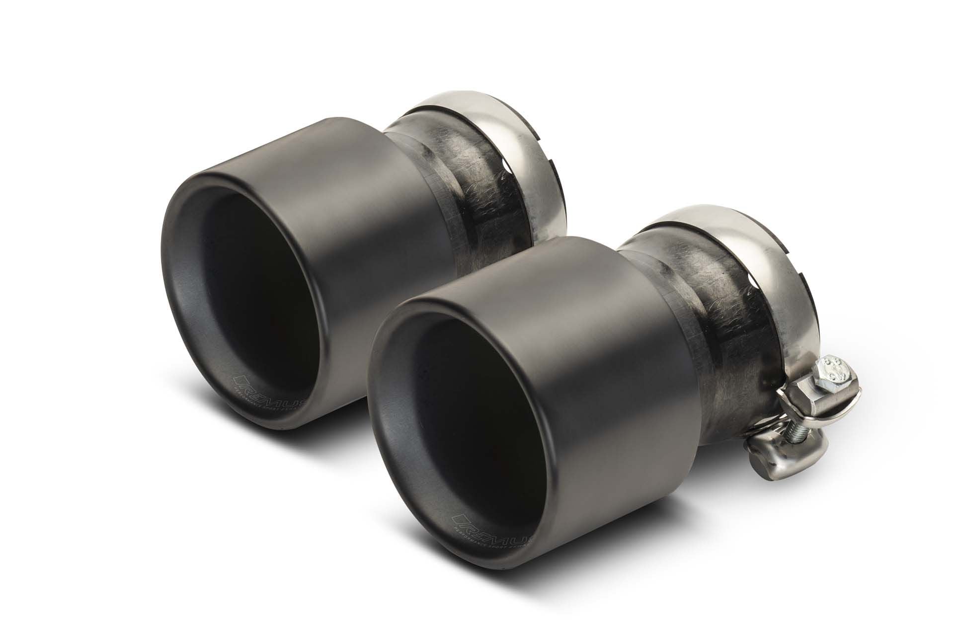 A front close up view of the titanium black PVD coated tips for Remus Exhaust with white background