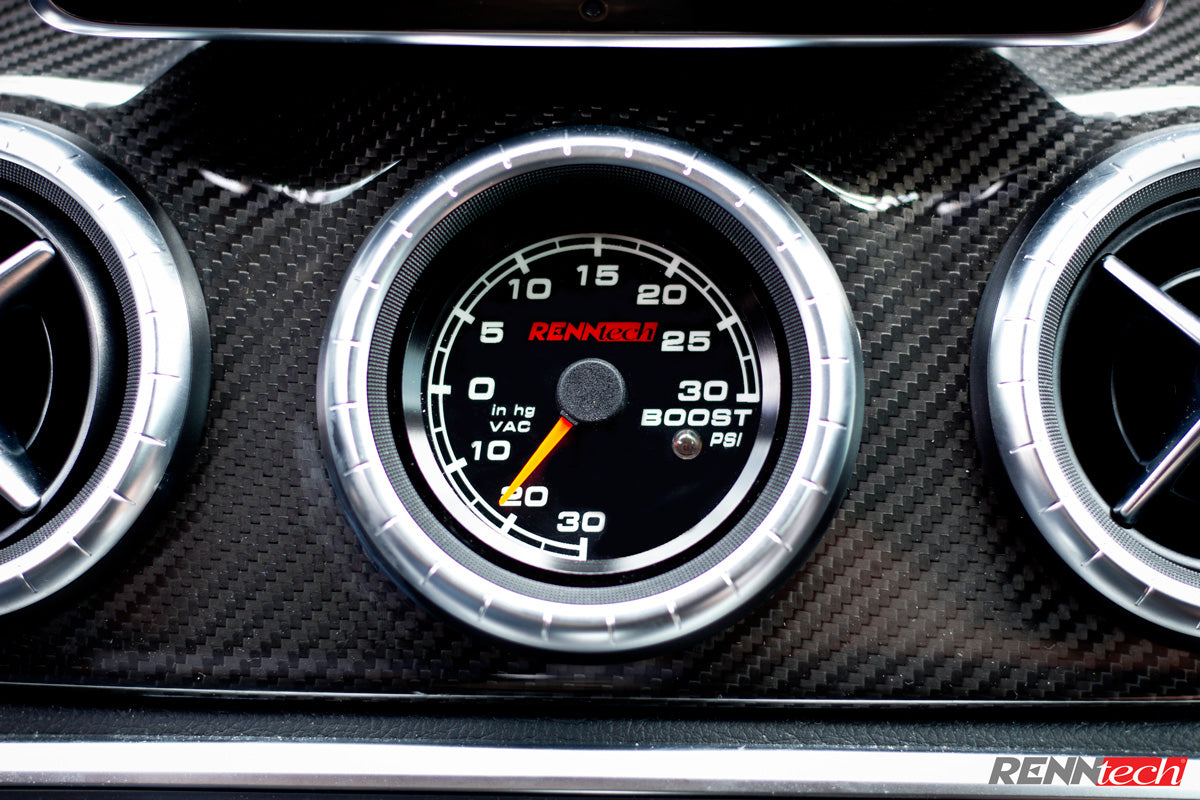 A close up view of RENNtech Boost Gauge Mercedes-Benz CLA45 AMG 2014-2016 fitted on a car