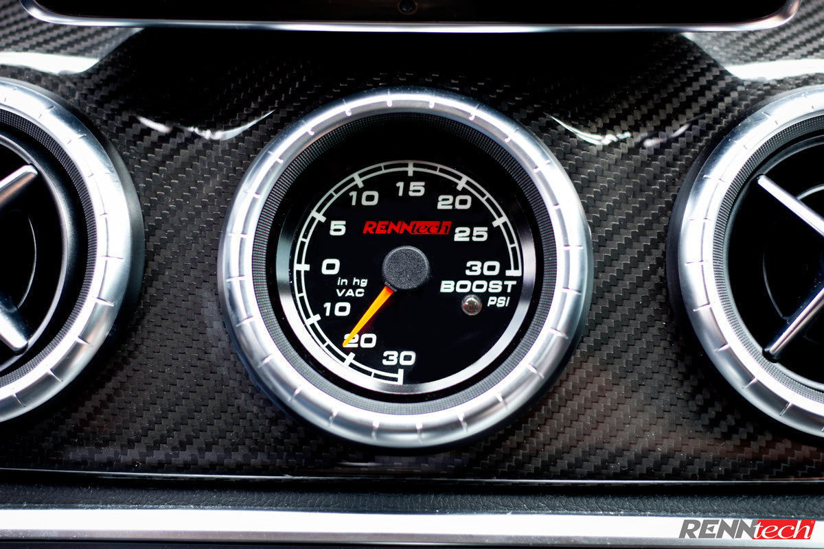 A close up view of RENNtech Boost Gauge Mercedes-Benz GLA45 AMG 2014-2017 fitted on a car