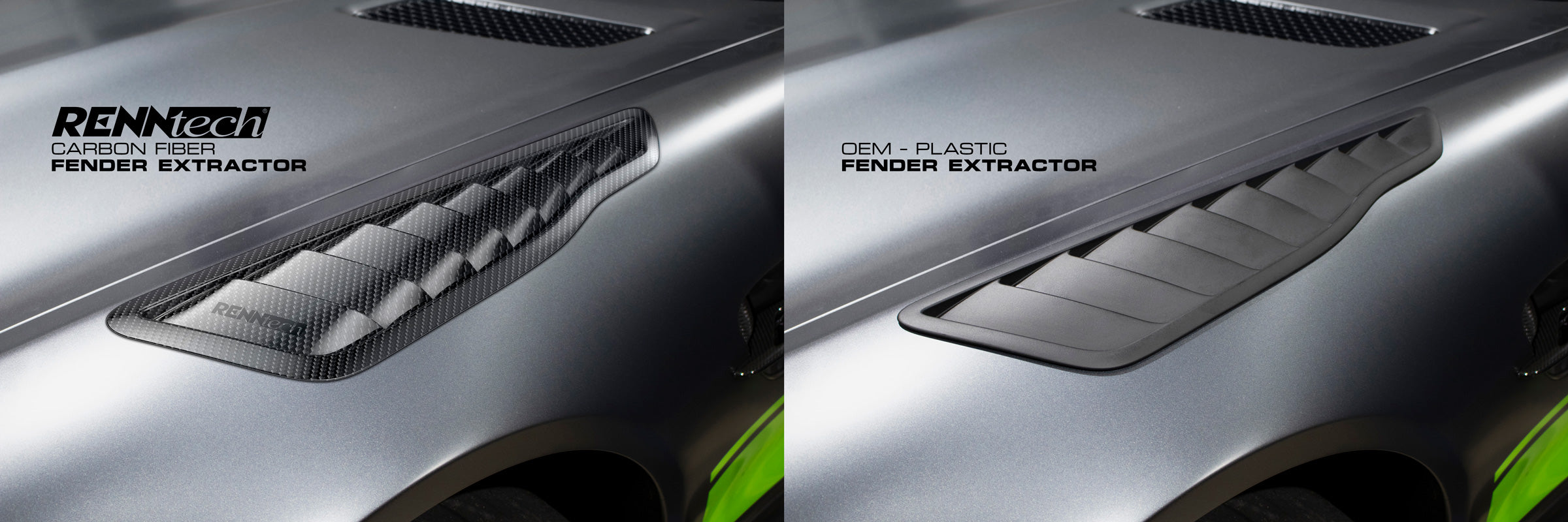Fender extractor comparison panels on the grey car - Carbon Fiber Fender Extractors for the 2016-2021 AMG GT