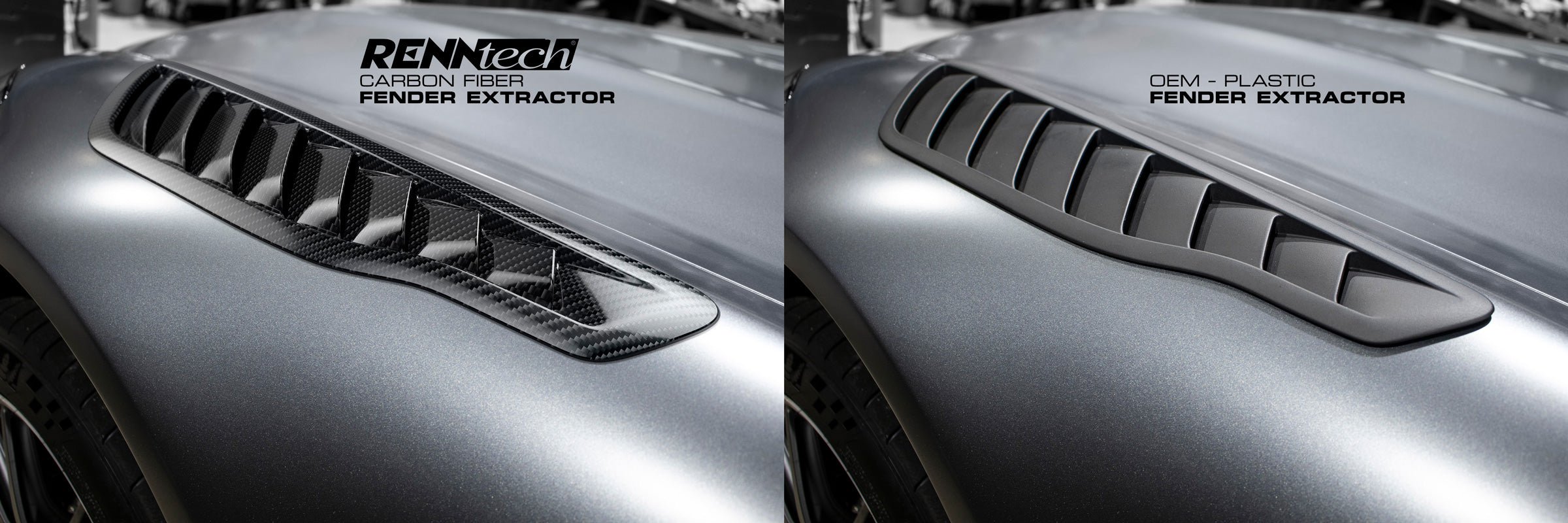 Before and after views of the fender extractor on a grey car - Carbon Fiber Fender Extractors for the 2016-2021 AMG GT
