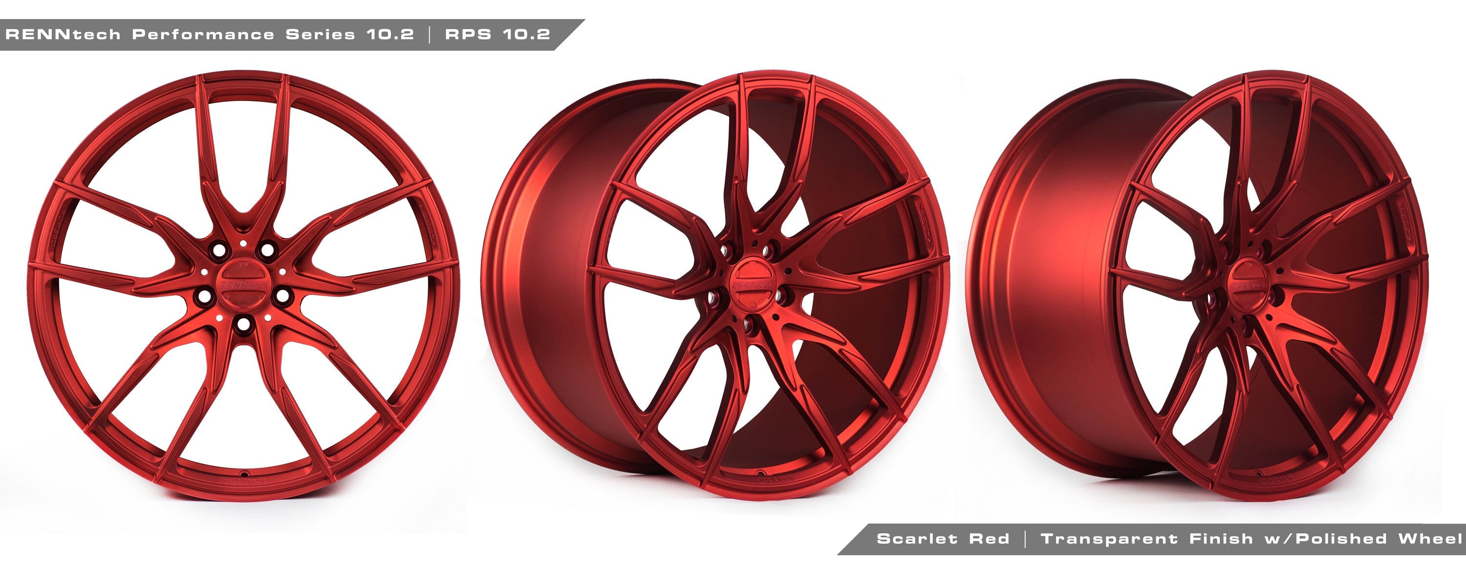 RPS 10.2 wheels in candy red finish from three angles - RPS 10.2 Forged 21-inch Wheels for the 2017-2023 E 63 AMG