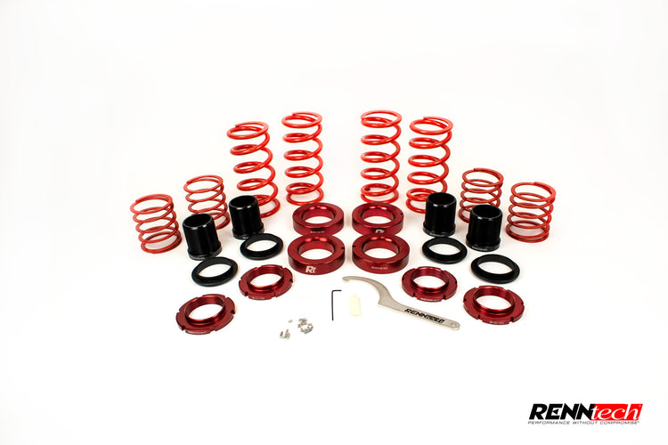 A front wide view of RENNtech Coilover Suspension | Aston Martin | V8 Vantage 2018-2023 with white background