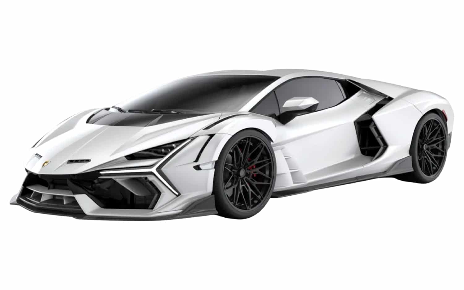 Render of a white Lamborghini Revuelto side three-quarter with vented front fenders