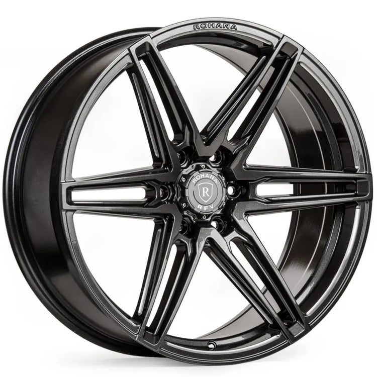 A front view of Rohana RFV1 Wheel 20x9.5 6x139 18mm Gloss Graphite with white background