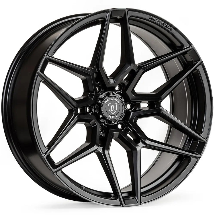 A front view of Rohana RFV2 Wheel 20x9.5 6x139 18mm Matte Black with white background