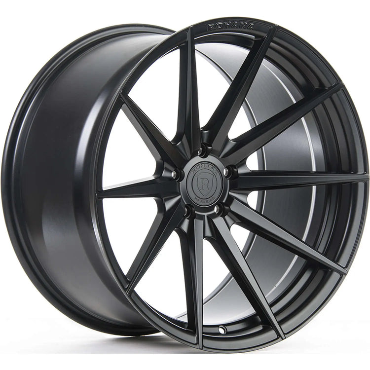 A front view of Rohana Wheels RFX1 Matte Black (Cross Forged) 20x11 5x120 28mm with white background