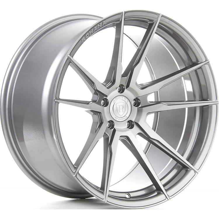 A front view of Rohana Wheels RFX2 Brushed Titanium (Cross Forged) 19x8.5 5x114 35mm with white background