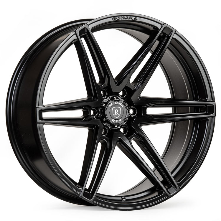 A front view of Rohana RFV1 Wheel 22x9.5 6x135 22mm Matte Black with white background