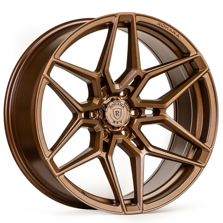 A front view of Rohana RFV2 Wheel 22x9.5 6x139 22mm Matte Bronze with white background