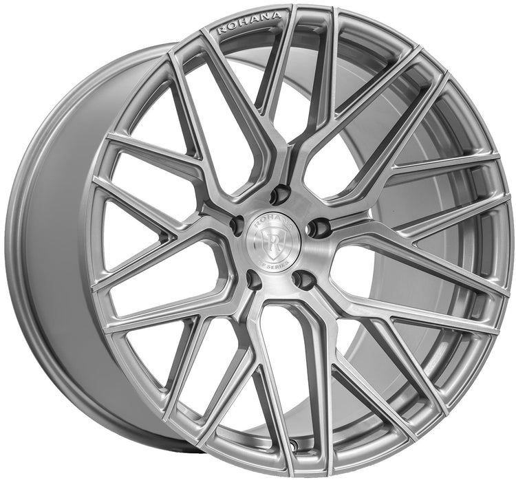 A front view of Rohana Wheels RFX10 Brushed Titanium (Cross Forged) 20x9 5x120 35mm with white background