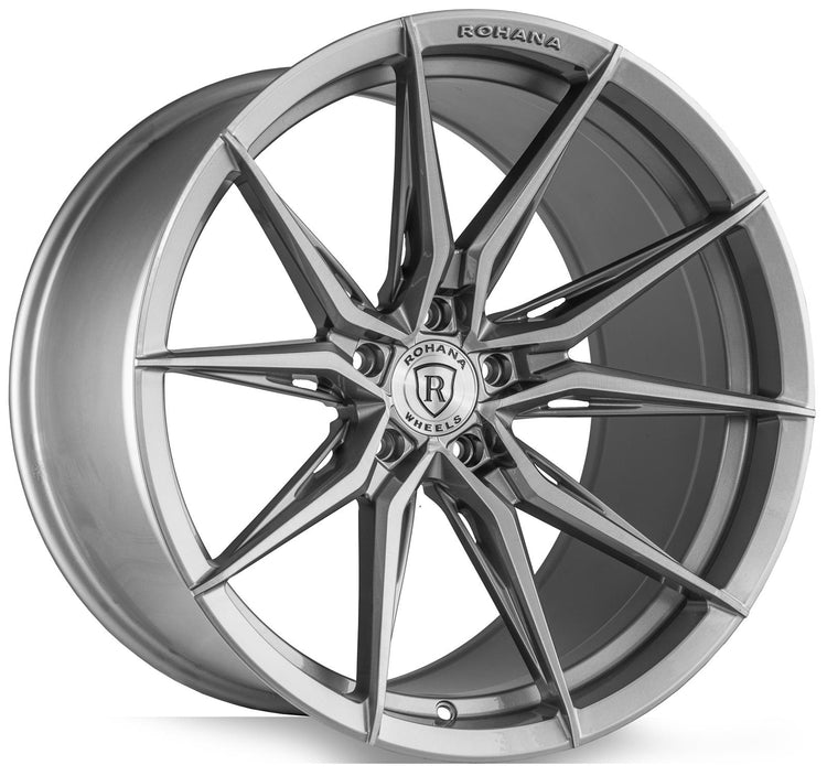 A front view of Rohana Wheels RFX13 Brushed Titanium (Cross Forged) 20x9 5x112 25mm with white background