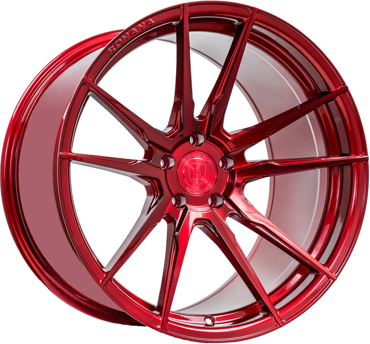 A front view of Rohana Wheels RFX2 Gloss Red (Cross Forged) 20x9 5x115 15mm with white background