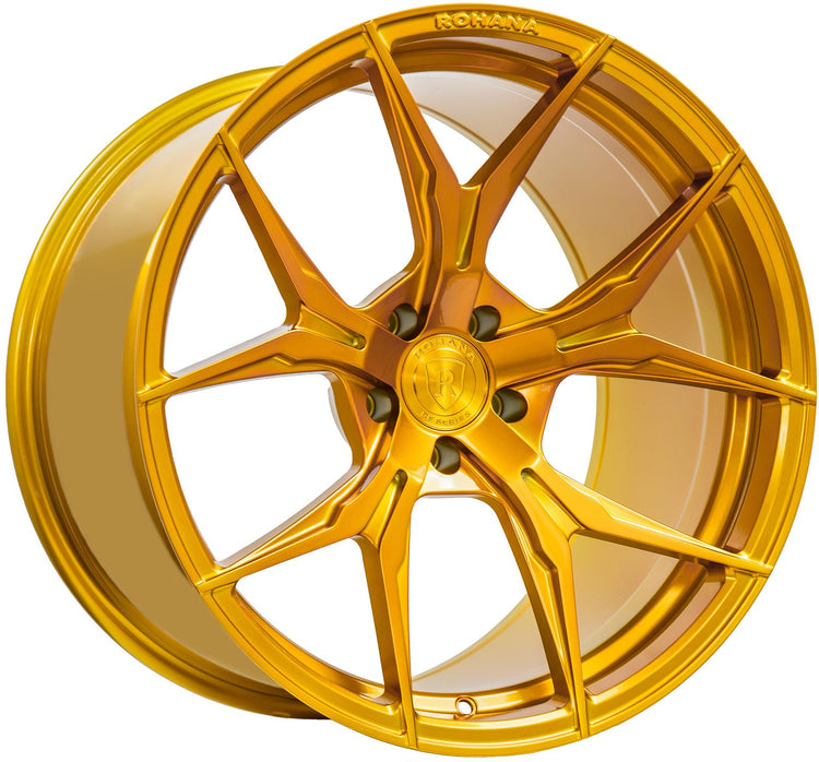A front view of Rohana Wheels RFX5 Gloss Gold (Cross Forged) 20x11 5x112 30mm with white background