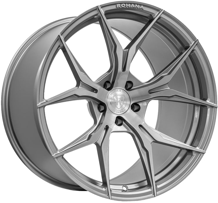A front view of Rohana Wheels RFX5 Brushed Titanium (Cross Forged) 19x11 5x130 55mm with white background