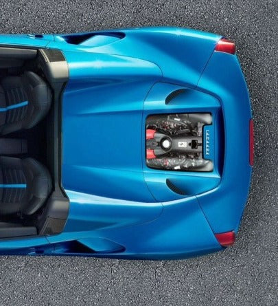 Blue Ferrari 488 Spider from above showing Capristo Design S bonnet