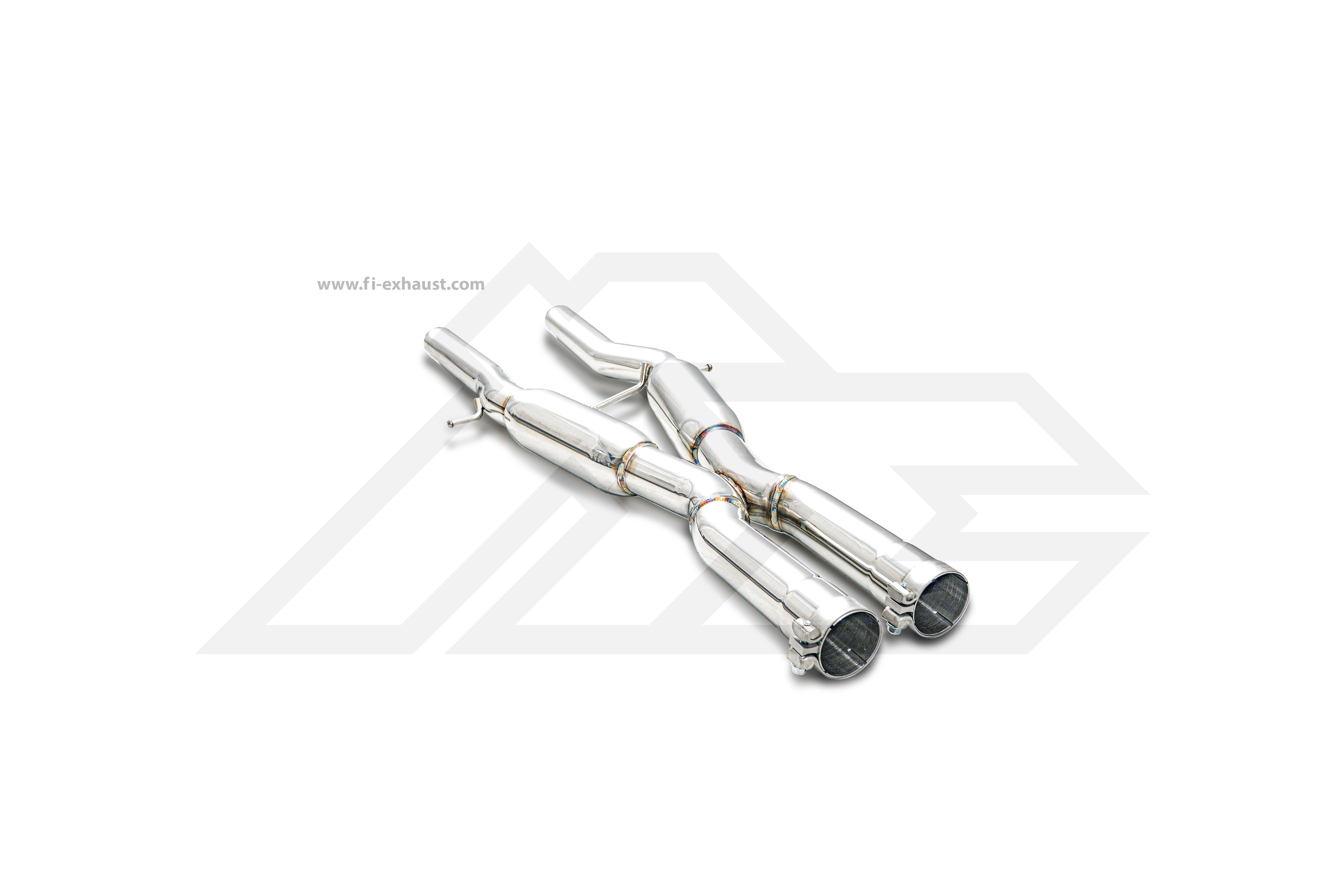A front view of Fi EXHAUST Valvetronic Cat-Back System for Nissan Z (RZ34) 2022+ downpipe with white background