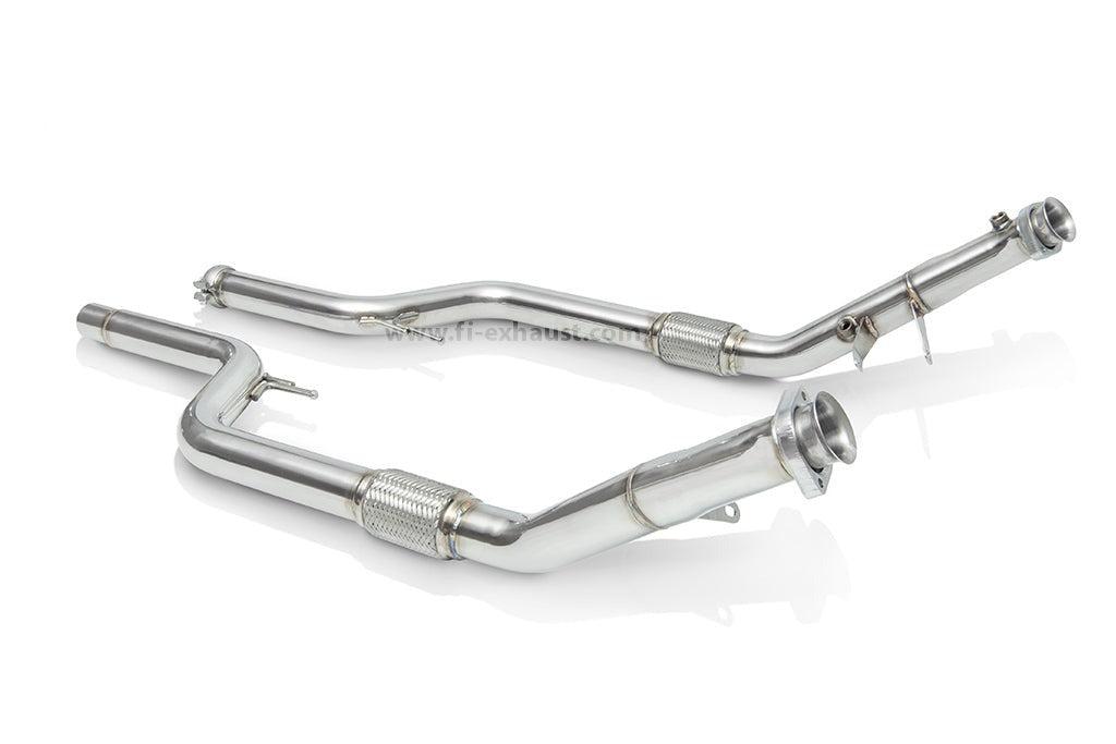 A front view of Fi EXHAUST Valvetronic Cat-Back System for Mercedes-Benz C217 AMG S63 Coupe 2013-2017 downpipe with white background