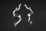 wide view of Capristo Exhaust Catalytic Converter Down Pipes w/100 Cell Sports Audi S8 D4 2010-2021 with black background