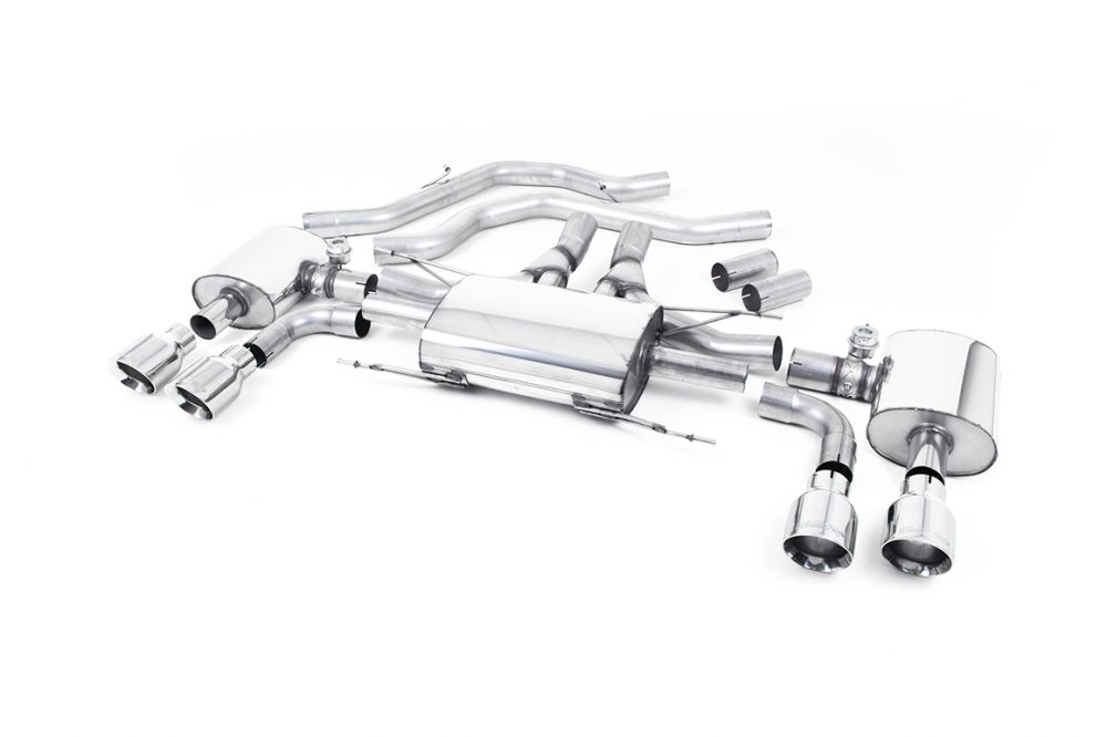 Milltek Sport exhaust system parts for 2017+ Alfa Romeo Giulia Quadrifoglio 2.9 V6 Bi-Turbo (part SSXAR12): pipework, silencers and polished silver tailpipe tips
