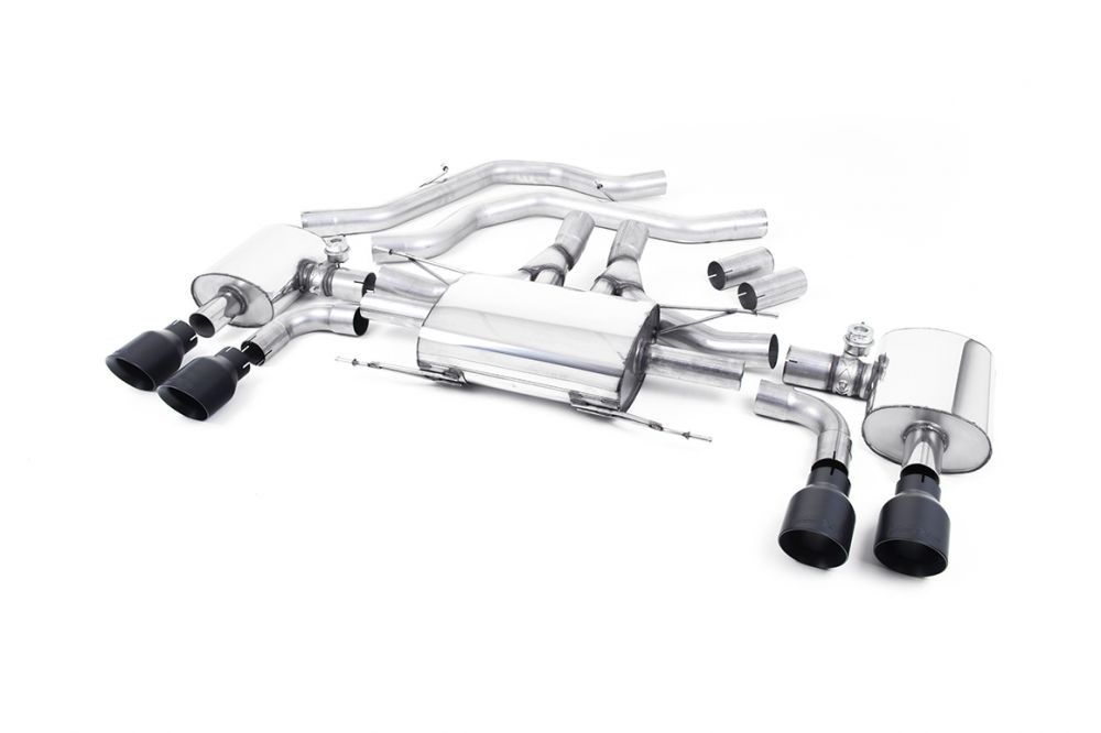 Milltek Sport exhaust system parts for 2017+ Alfa Romeo Giulia Quadrifoglio 2.9 V6 Bi-Turbo (part SSXAR13): pipework, silencers and black tailpipe tips