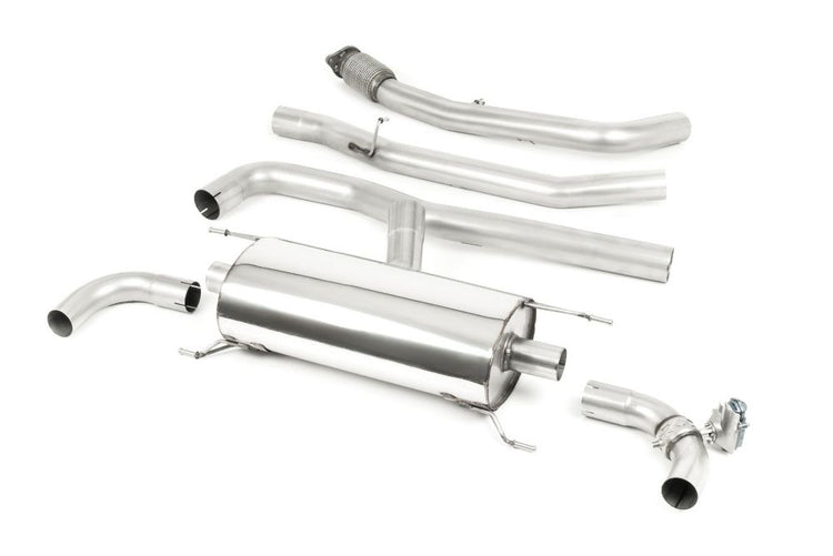 A front view of Milltek Cat-Back Exhaust System (Non-Resonated / Valved) Alfa Romeo Giulia 2017+ with white background