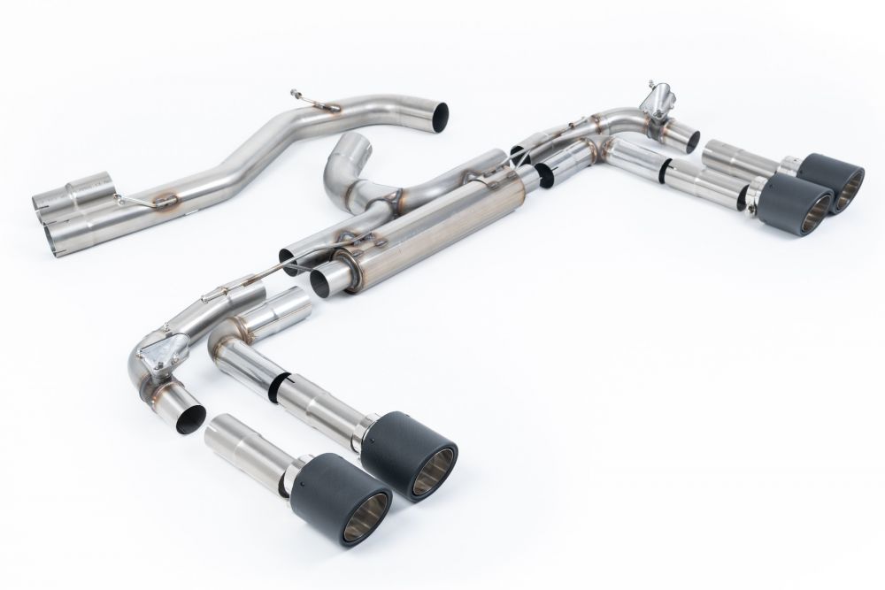 Milltek Sport exhaust system parts for 2022+ Audi S3 2.0TFSI Quattro Saloon/Sedan 310PS 8Y (part SSXAU1023): pipework, silencers and polished silver tailpipe tips