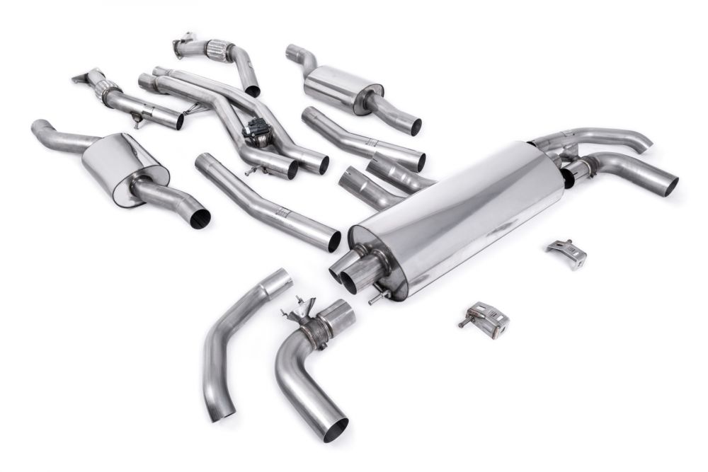 Milltek Sport exhaust system parts for 2021-2024 Audi SQ7 4.0 V8 TT (part SSXAU1026): pipework, silencers and polished silver tailpipe tips