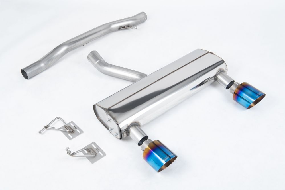 Milltek Sport exhaust system parts for 2003-2006 Audi TT 3.2 V6 quattro Coupe & Roadster (part SSXAU1045): pipework, silencers and burnt titanium blue tailpipe tips