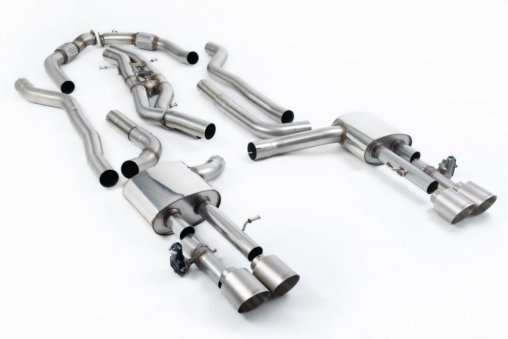 Milltek Sport exhaust system parts for 2020+ Audi S8 D5 4.0 TFSI V8 Saloon / Sedan - Long Wheel Base (part SSXAU1067): pipework, silencers and black tailpipe tips