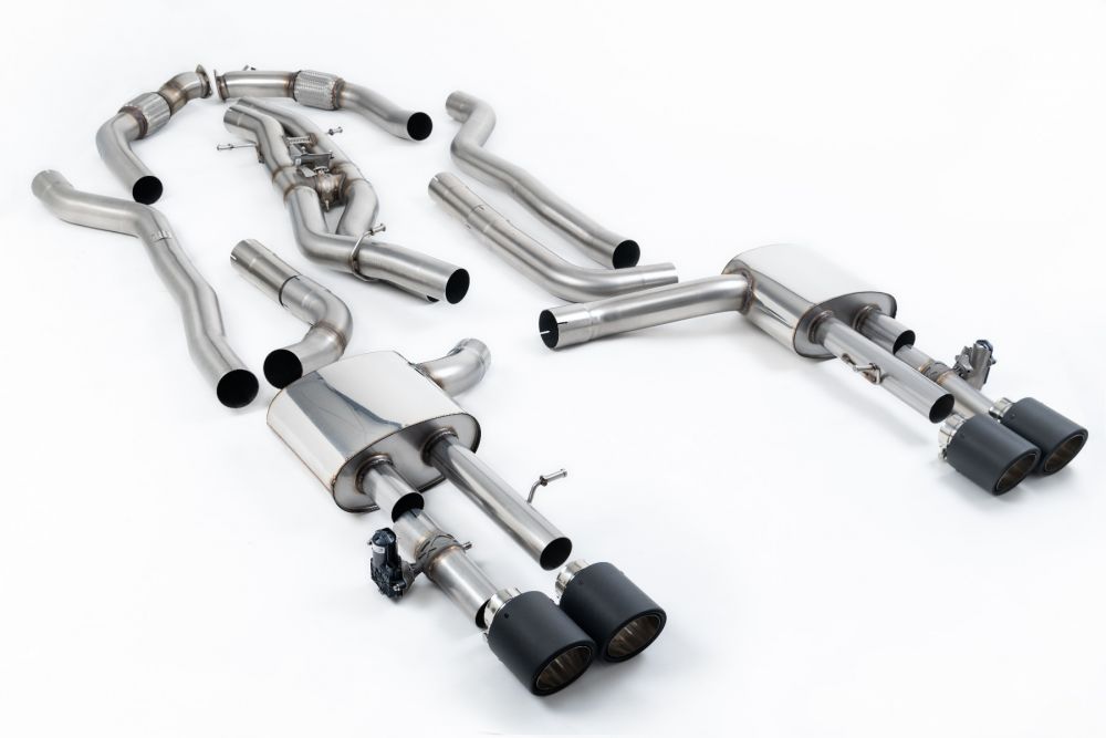 Milltek Sport exhaust system parts for 2020+ Audi S8 D5 4.0 TFSI V8 Saloon / Sedan - Long Wheel Base (part SSXAU1069): pipework, silencers and black tailpipe tips