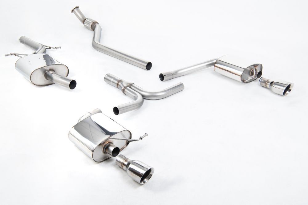 Milltek Sport exhaust system parts for 2008-2011 Audi A4 2.0 TFSI S line B8 Saloon & Avant (part SSXAU248): pipework, silencers and polished silver tailpipe tips
