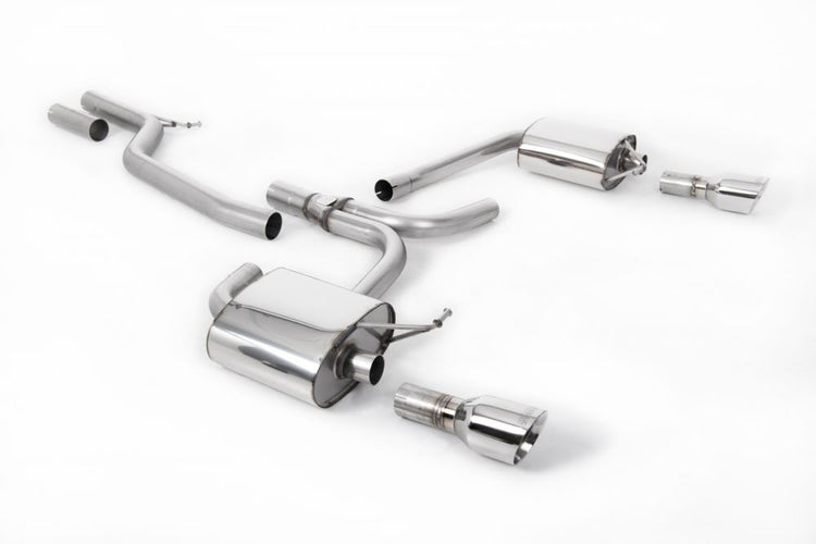 A front view of Milltek Cat-back Exhaust System w/ Dual Outlet Polished Trims Audi A5 B8 Sportback 3.0 TDI Quattro 2008-2012 with white background