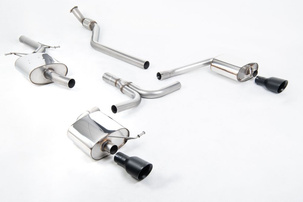 Milltek Sport exhaust system parts for 2008-2011 Audi A4 2.0 TFSI S line B8 Saloon & Avant (part SSXAU435): pipework, silencers and black tailpipe tips