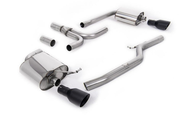 A front view of Milltek Cat-back Exhaust System for Audi A5 B8 Coupe | Cabriolet 3.0 TDi (DPF) 2007-2012 | OE Valance with white background