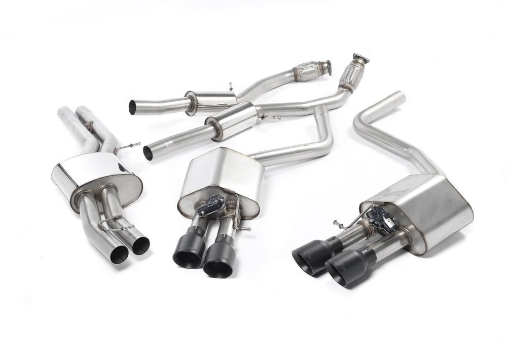 Milltek Sport exhaust system parts for 2013-2018 Audi S8 D4 4.0 TFSI quattro Tiptronic (part SSXAU464): pipework, silencers and black tailpipe tips