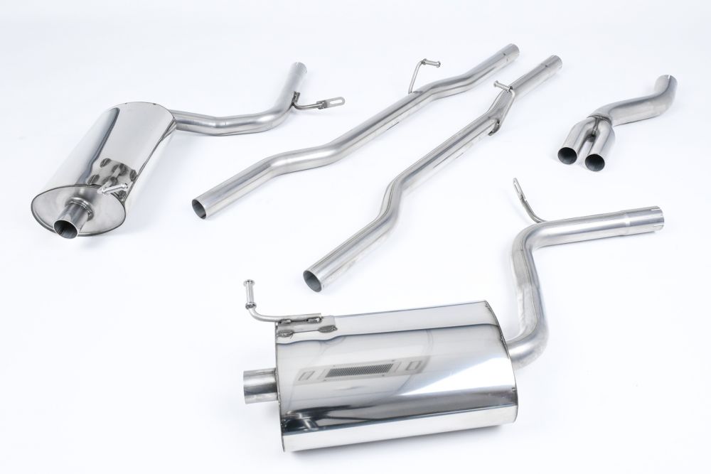 Milltek Sport exhaust system parts for 2005-2008 Audi A4 2.0 TFSI B7 quattro and DTM (part SSXAU516): pipework, silencers and polished silver tailpipe tips