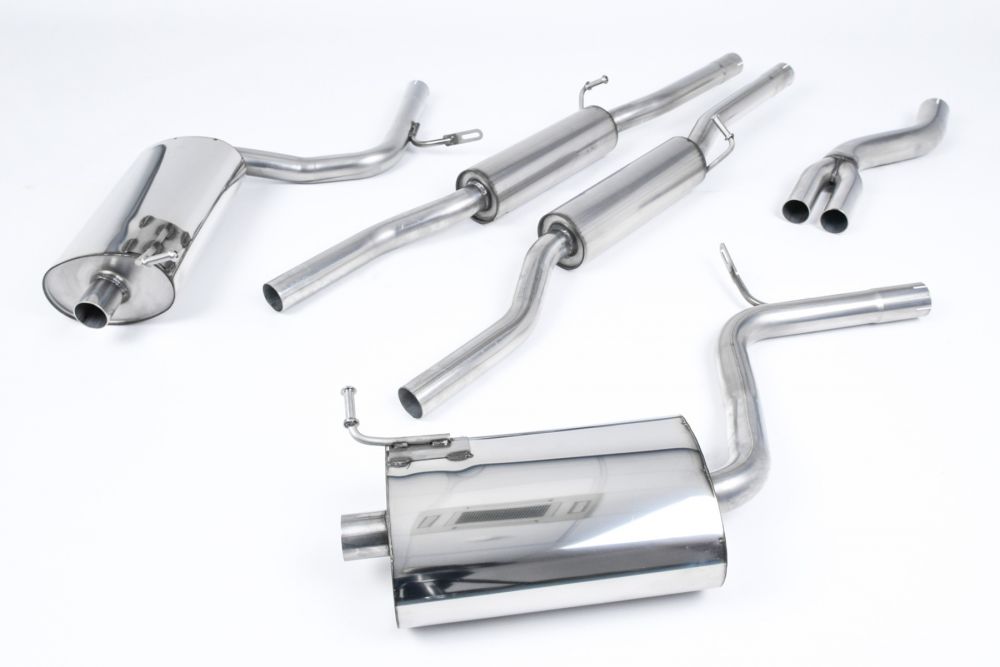 Milltek Sport exhaust system parts for 2005-2008 Audi A4 2.0 TFSI B7 quattro and DTM (part SSXAU517): pipework, silencers and polished silver tailpipe tips