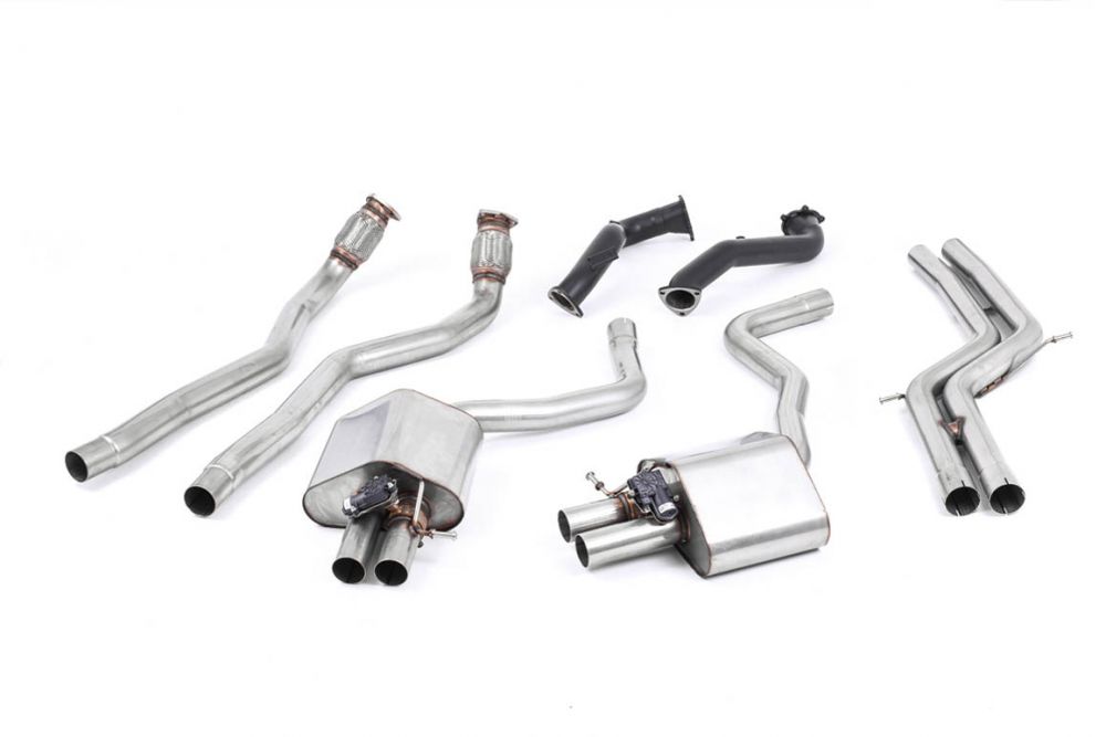 Milltek Sport exhaust system parts for 2013-2018 Audi RS7 C7 Sportback 4.0 V8 TFSI biturbo inc Performance Edition (part SSXAU598): pipework, silencers and black tailpipe tips