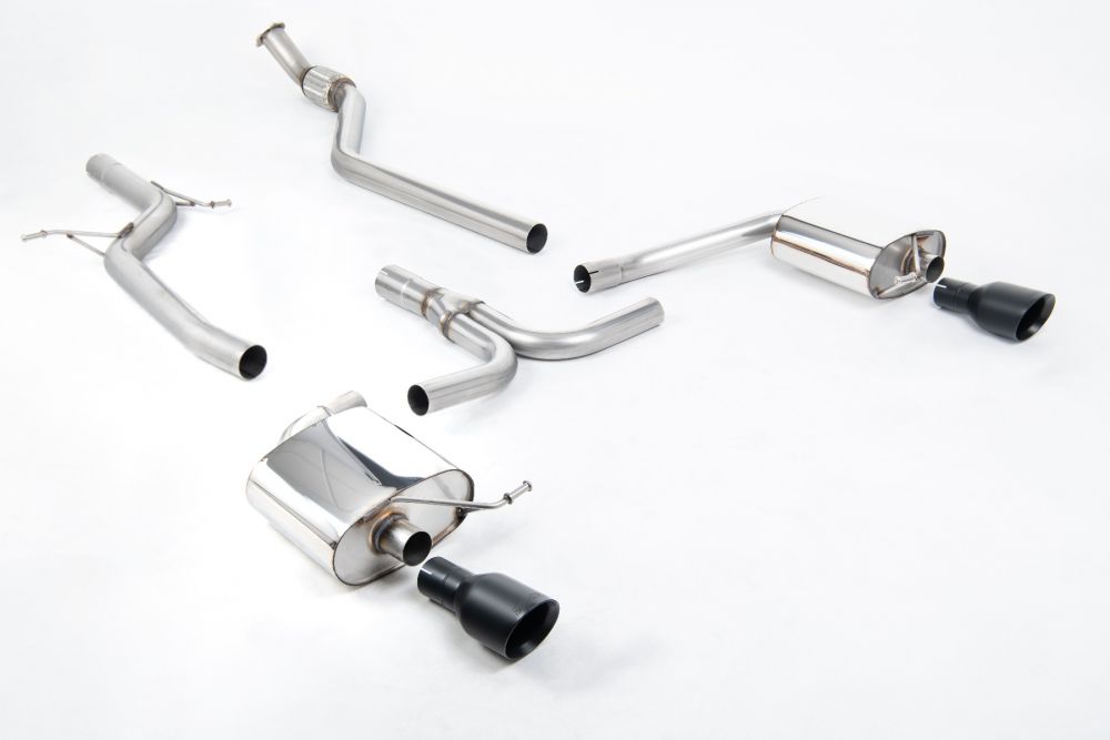 Milltek Sport exhaust system parts for 2008-2011 Audi A4 2.0 TFSI S line B8 Saloon & Avant (part SSXAU628): pipework, silencers and black tailpipe tips