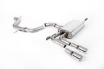 A front view of Milltek Non-Resonated (Louder) Cat-Back Exhaust System GT-80 Polished Tips Audi A3 8P 2003-2012 with white background