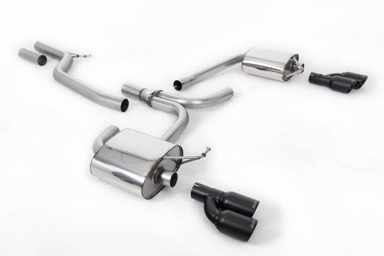 A front view of Milltek Non-Resonated Cat-back Exhaust System for Audi A5 B8 Sportback 3.0 TDI Quattro 2007-2016 with white background