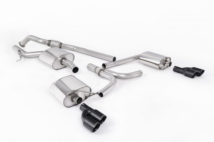 A front view of Milltek Cat-back Exhaust System for Audi A4 B8 2.0 TFSI 2WD & Quattro 2008-2016 | Tiptronic Models with white background