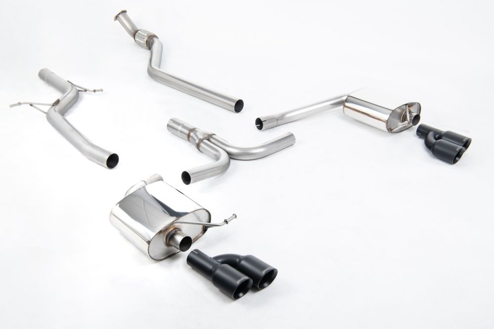 Milltek Sport exhaust system parts for 2008-2011 Audi A4 2.0 TFSI S line B8 Saloon & Avant (part SSXAU666): pipework, silencers and black tailpipe tips