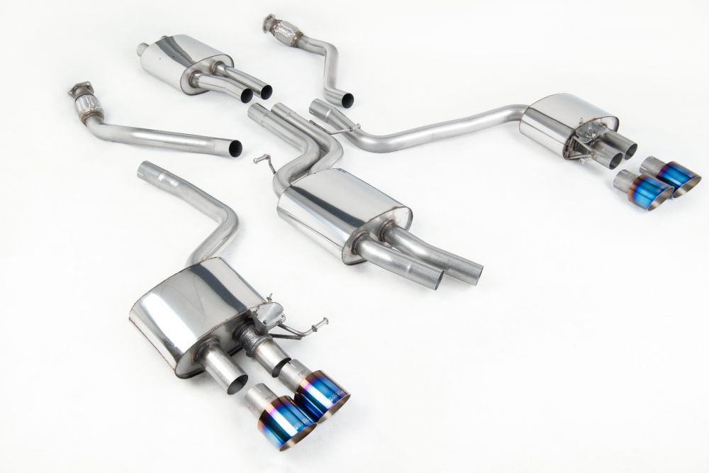 Milltek Sport exhaust system parts for 2013-2016 Audi SQ5 3.0 TFSI Supercharged (part SSXAU670): pipework, silencers and burnt titanium blue tailpipe tips