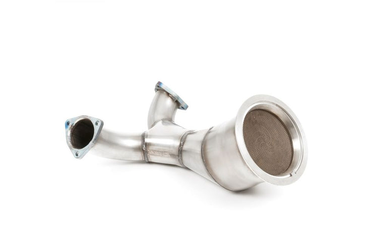 A front view of Milltek 2.5" Large Bore Downpipe w/ Hi-Flow Sports Catalyst for Audi S5 B9 2017+ with white background