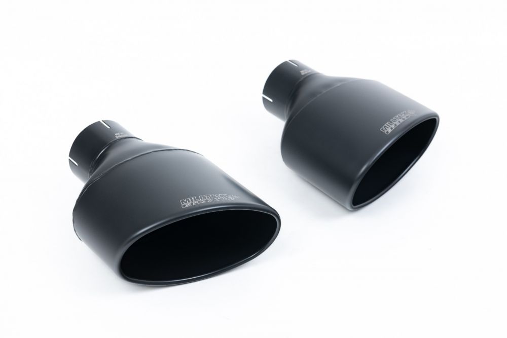 Close-up of black Milltek Sport exhaust tips for the 2016+ Audi TT Mk3 TTRS 2.5TFSI Quattro (part SSXAU731)